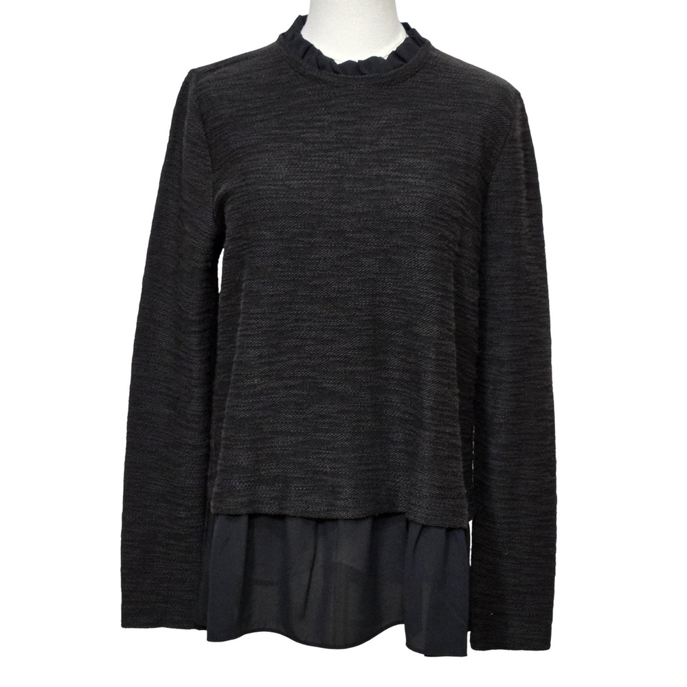 LOFT Sweater Womens Medium Black Gray Ruffle Collar Chiffon Hem Layered NWT